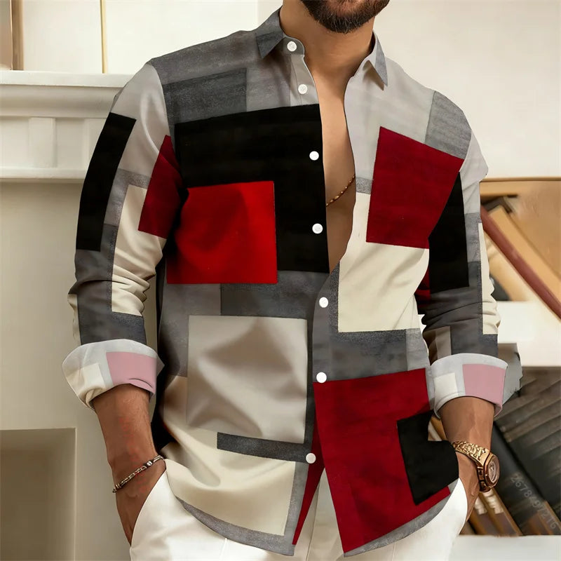 Men's 3D Printed color - blocked casual shirt