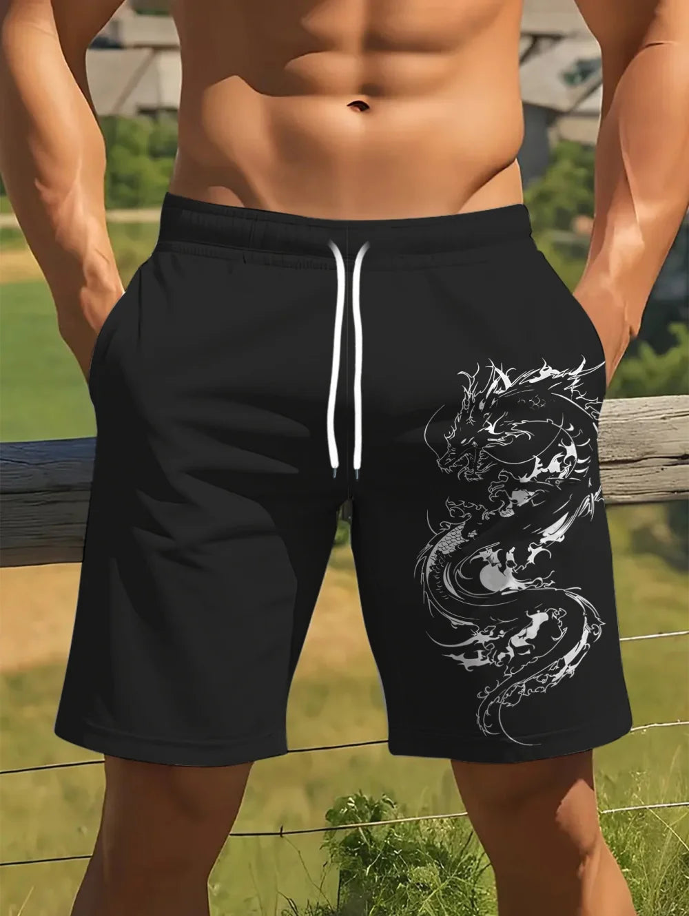 Men's Dragon Print Board Shorts - Stylish Summer Swim Shorts