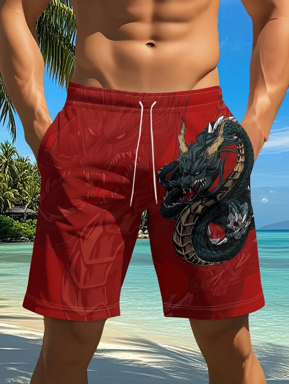 Men's Dragon Print Board Shorts - Stylish Summer Swim Shorts
