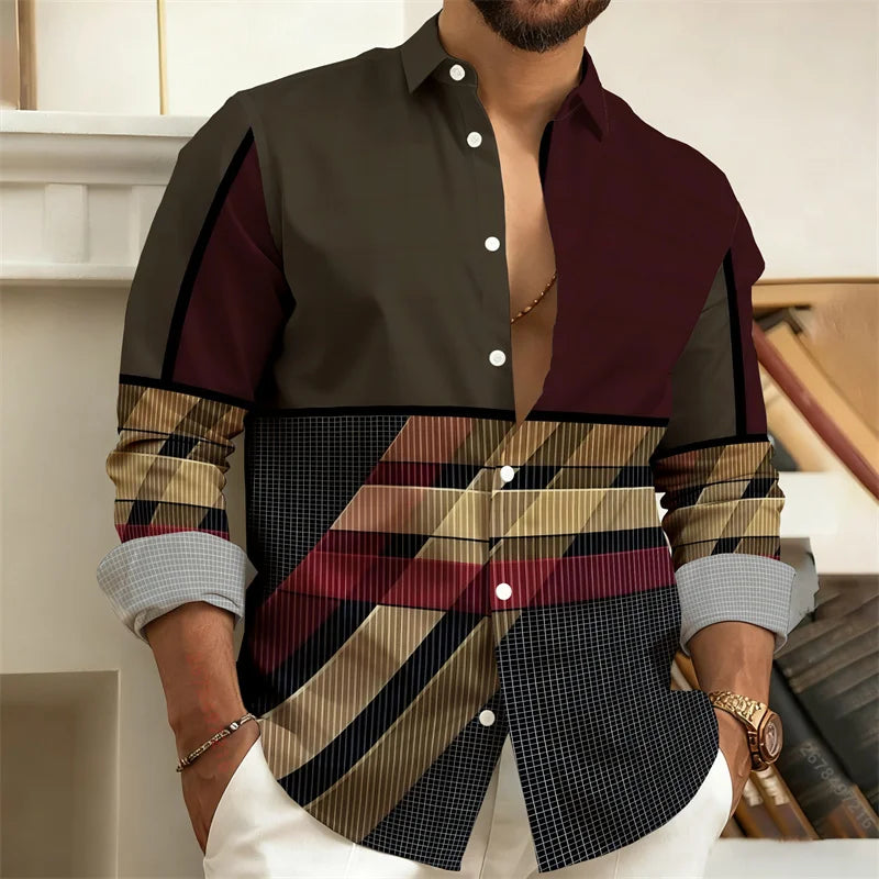 Men's 3D Printed color - blocked casual shirt