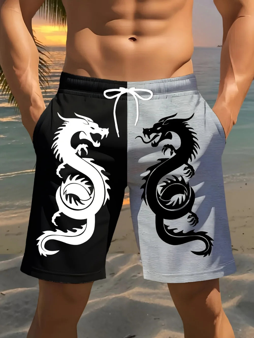 Men's Dragon Print Board Shorts - Stylish Summer Swim Shorts