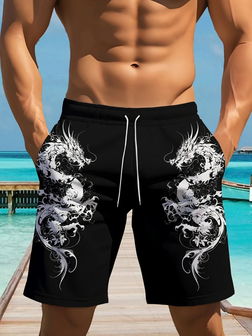 Men's Dragon Print Board Shorts - Stylish Summer Swim Shorts