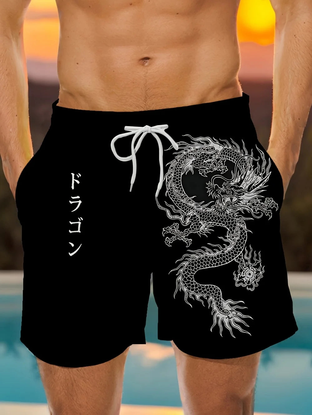 Men's Dragon Print Board Shorts - Stylish Summer Swim Shorts