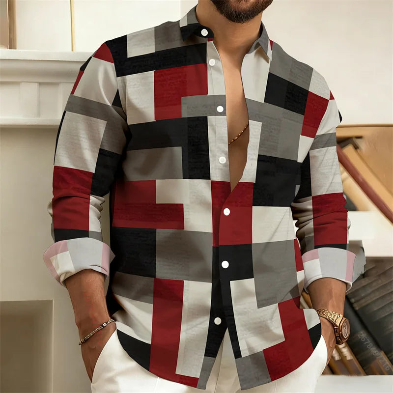 Men's 3D Printed color - blocked casual shirt
