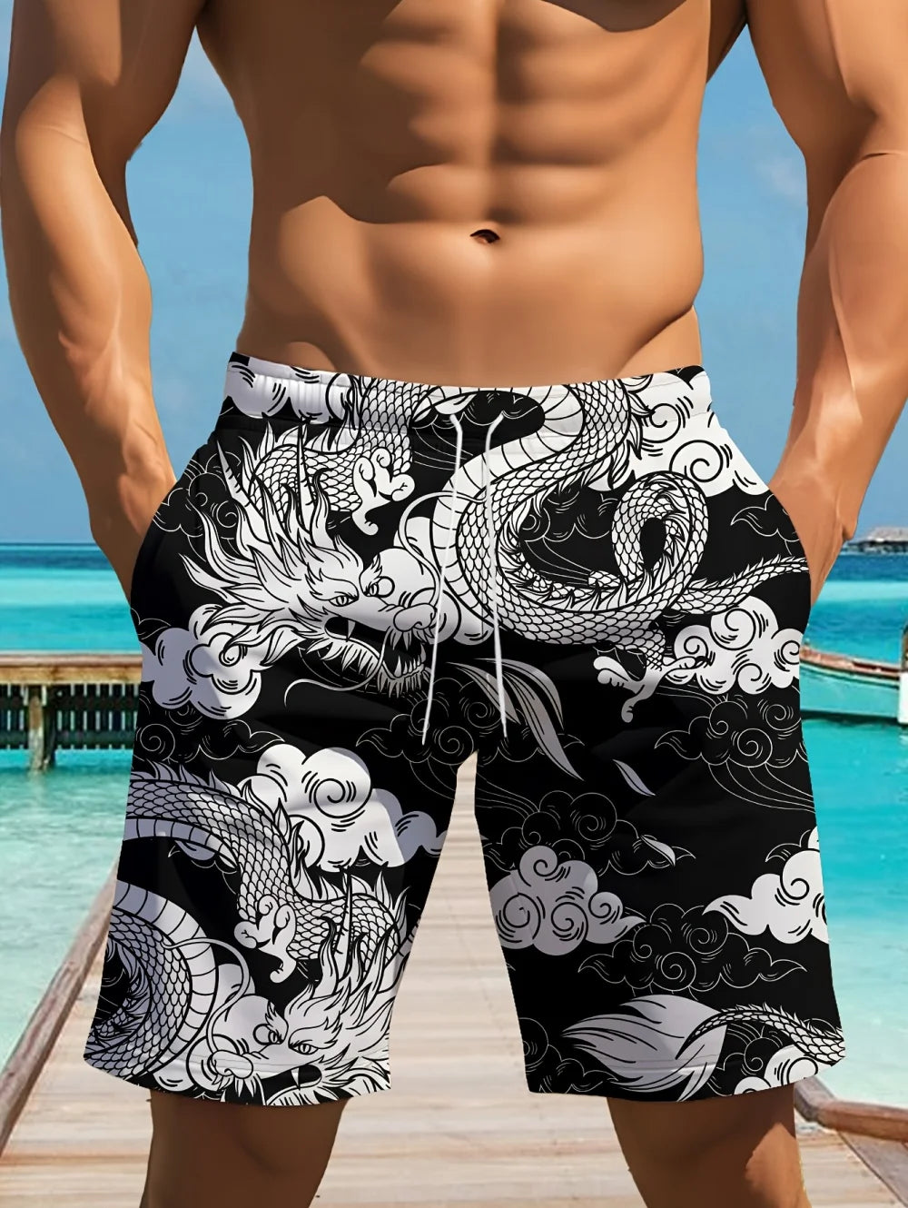 Men's Dragon Print Board Shorts - Stylish Summer Swim Shorts