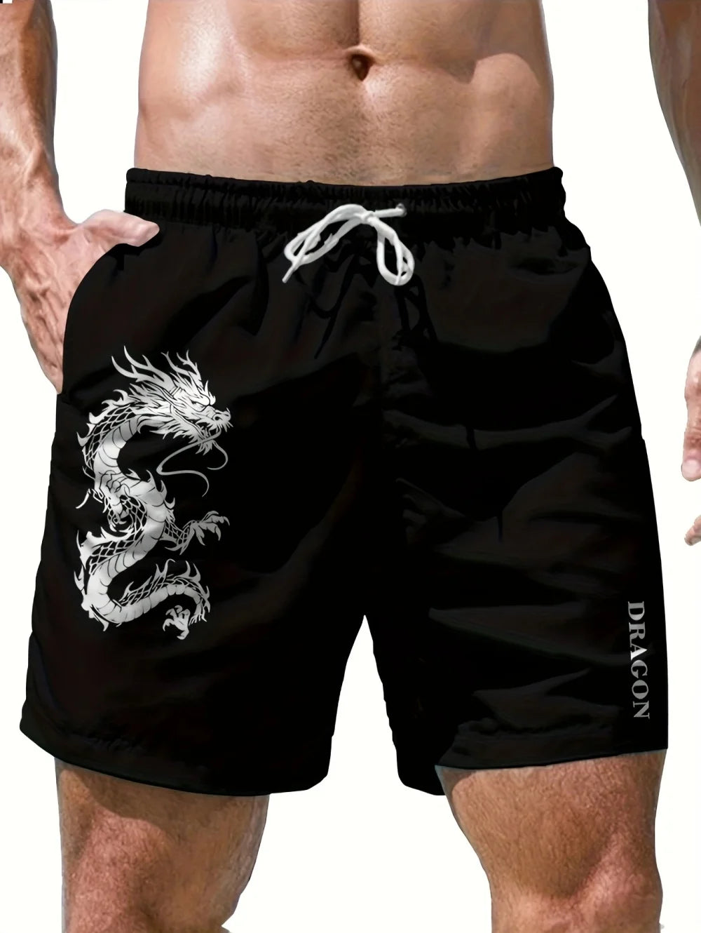 Men's Dragon Print Board Shorts - Stylish Summer Swim Shorts