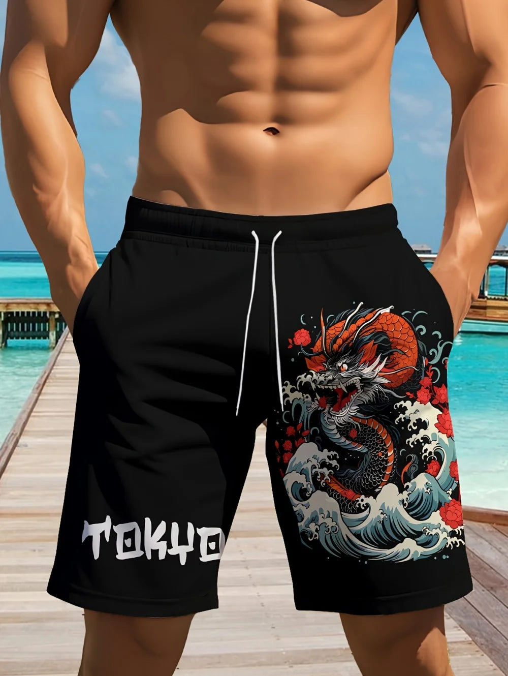 Men's Dragon Print Board Shorts - Stylish Summer Swim Shorts