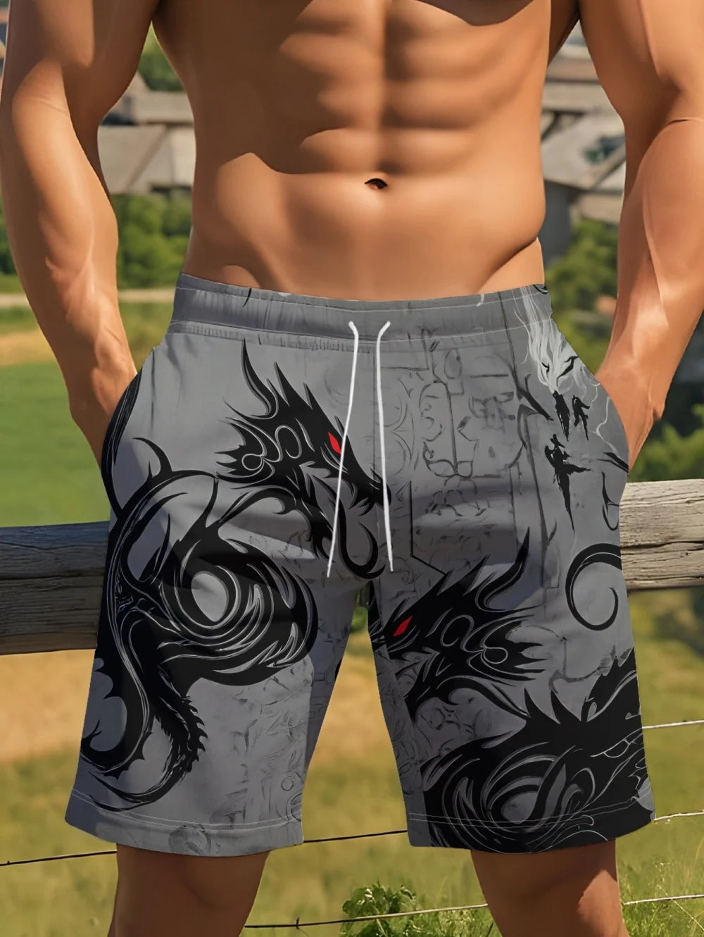 Men's Dragon Print Board Shorts - Stylish Summer Swim Shorts